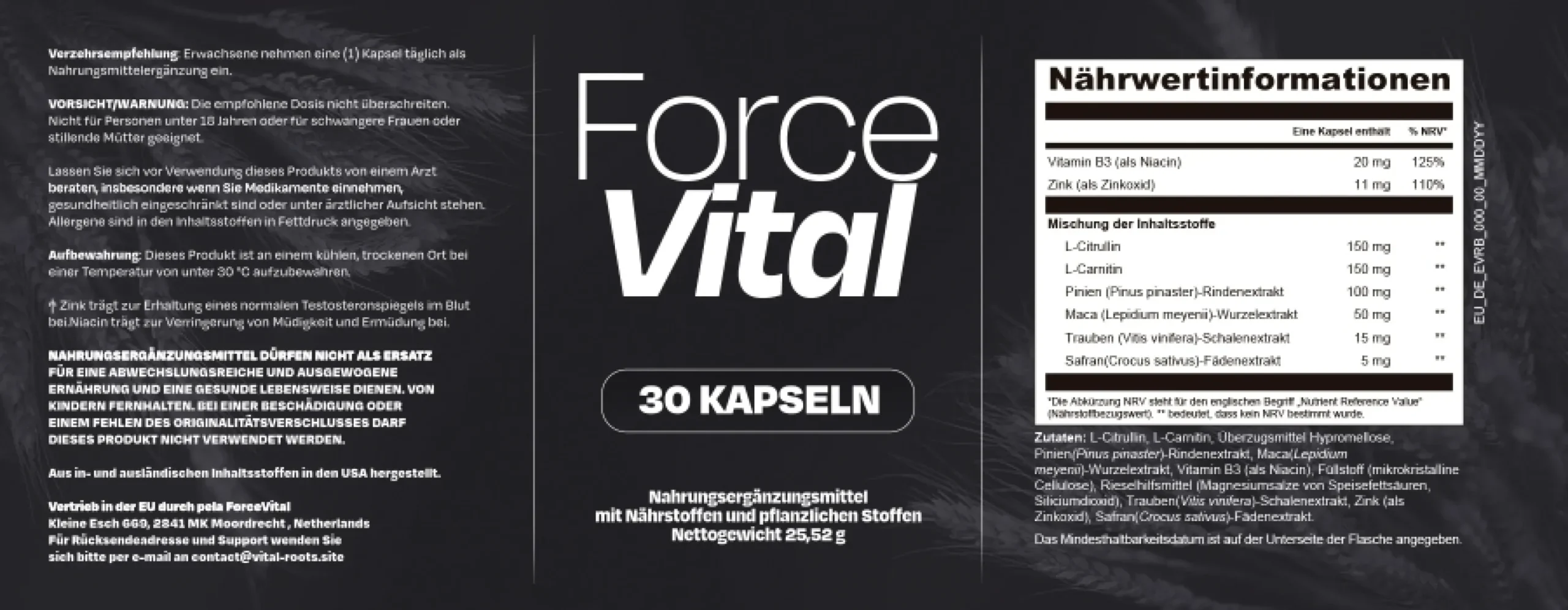 Étiquette ForceVital détaillant la liste complète des ingrédients et des valeurs nutritionnelles de référence